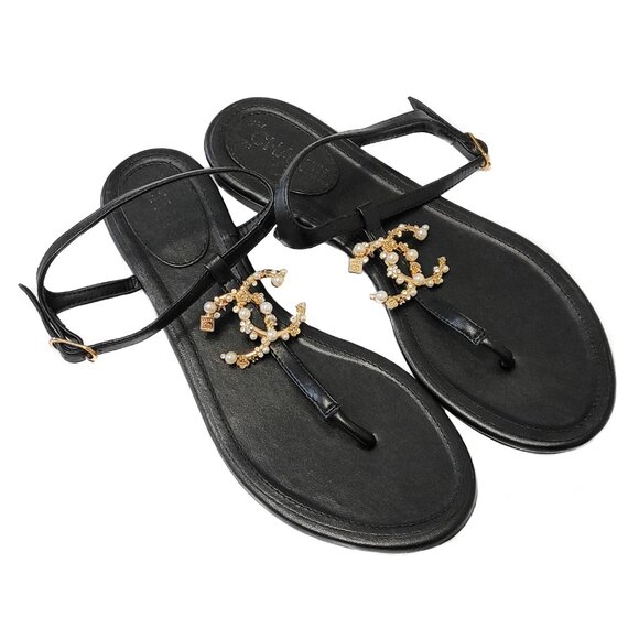 Chanel Interlocking CC Pearl Star Leather Thong Sandals Size 40 - Picture 2 of 13